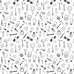 Seamless pattern with hand drawn beauty, make up, cosmetic doodles, isolated vector background