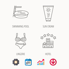 Hotel, swimming pool and sun cream icons.