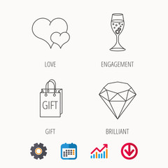 Love heart, gift box and wedding ring icons.