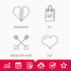 Love heart, gift box and arrows icons.