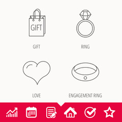 Love heart, gift bag and wedding ring icons.