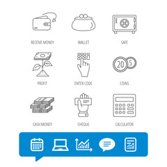 Cash money, safe box and calculator icons.