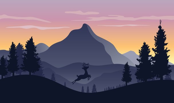 Nature landscape background with silhouettes of mountains and trees