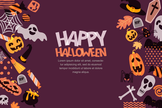 Happy Halloween vector horizontal banner with hand drawn doodle pumpkin, skull, witch hat, bones, candies, ghost, broom, cauldron. Design for holiday greeting card, poster, party invitation