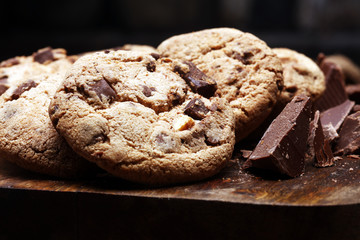 Chocolate chip cookies on table freshly baked