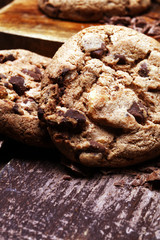 Chocolate chip cookies on table freshly baked