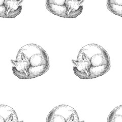 Vector seamless pattern with cute animal character. Hand drawn illustration with sleeping fox isolated on white. Black and white texture in sketch style