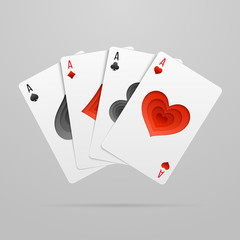 Vector set of four fan shaped aces playing cards suits.