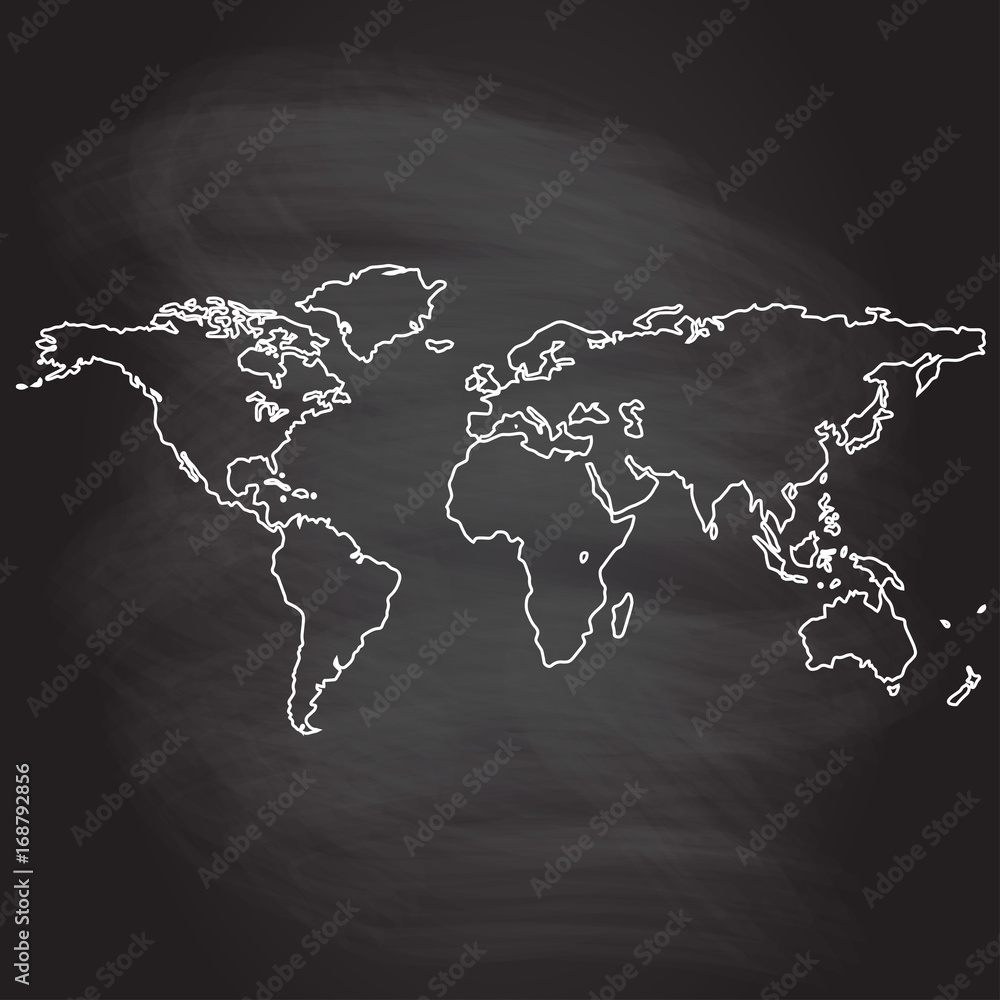 Poster world map outline pattern isolated on blackboard texture with chalk rubbed background. vector illust