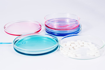 color liquid in petri dishes. laboratory, science and clinic background. 
