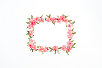 Floral frame with space for text made of pink hydrangea flowers, green leaves, branches on white background. Flat lay, top view. Floral background. Frame of flowers.