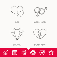 Love heart, brilliant diamond and male, female icons.