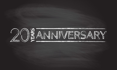 20 years hand drawn emblem, icon or label isolated on blackboard texture with chalk rubbed background. Anniversary design element. Vector illustration.