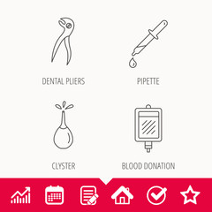 Blood donation, pipette and dental pliers icons.