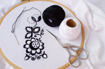 traditional moravian  handmade folk embroidery in progress