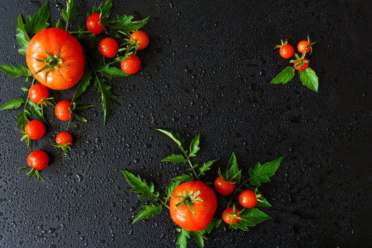 Fresh juicy tomatoes, cherry and leaves pattern and ornament on a black background with water drops and copy space flat top view and space for text