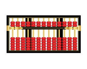 Antique Chinese abacus with red beads on white background 