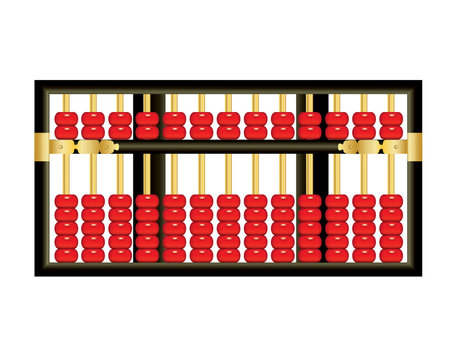 Antique Chinese abacus with red beads on white background 