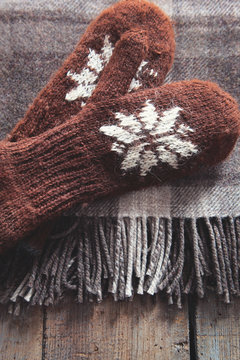 Mittens with wool plaid blanket