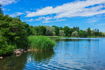 View of Toolo Bay from Hesperia Park (Hesperian puisto). Hesperia Park is oasis of green in heart of city business area, next to Finnish National Opera. Helsinki, Finland.