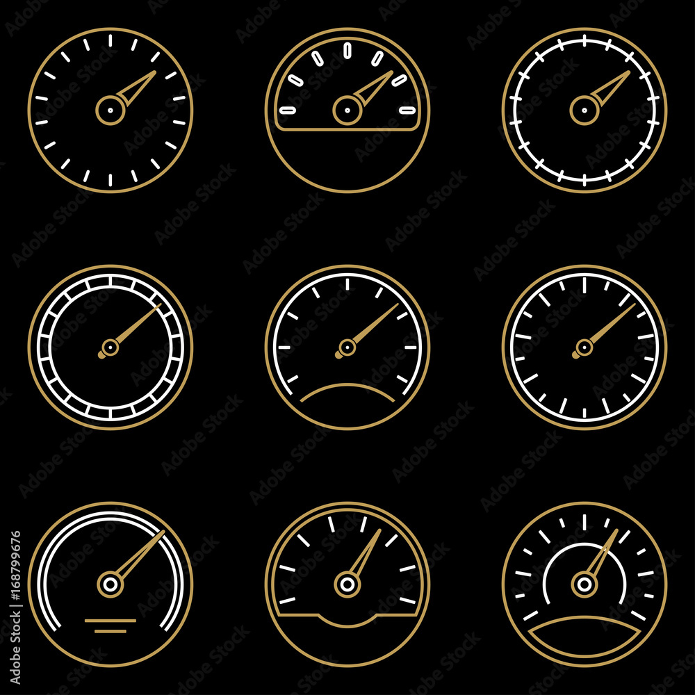 Poster speedometer and meter icon set in line style. dashboard outline signs. vector illustration.