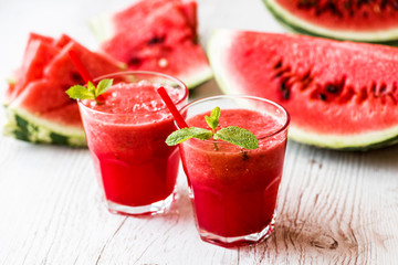 healthy drinks. watermelon smoothie on white wooden background