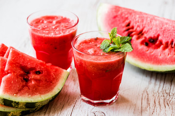 healthy drinks. watermelon smoothie on white wooden background