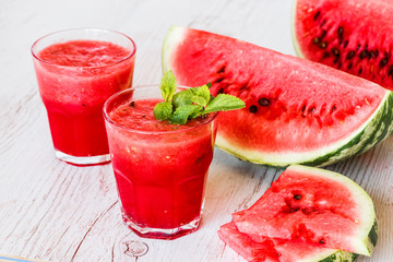 healthy drinks. watermelon smoothie on white wooden background