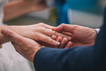 Newlyweds exchange rings, groom puts the ring on the bride's hand.