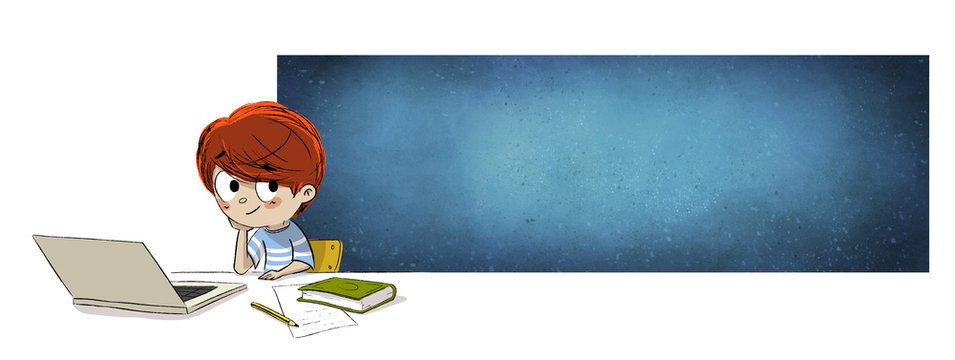 Ni&ntilde;o en clase haciendo los deberes con un ordenador