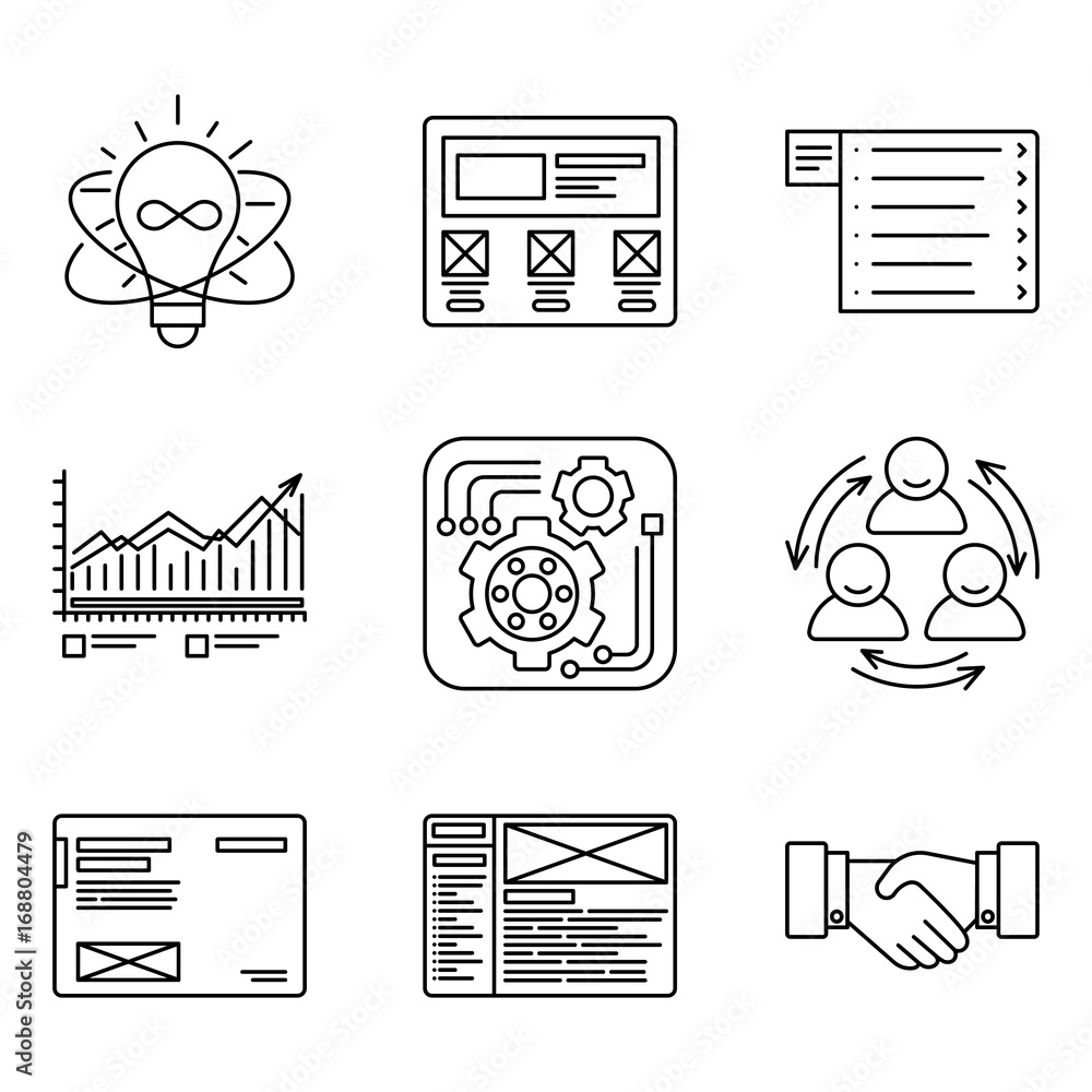 Poster thin lines icons set of development process, product creating and promotion tools, website network, 