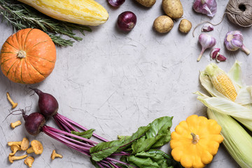 Variation of fresh colorful vegetables. Autumn food frame.