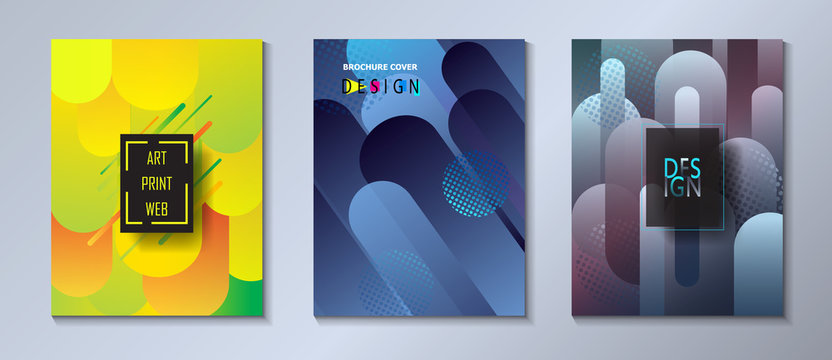 Modern brochure covers set, futuristic design. Abstract colored spots dynamic geometric shapes background. Vector template minimalist poster