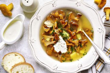 Autumn chanterelle mushroom soup.Top view.