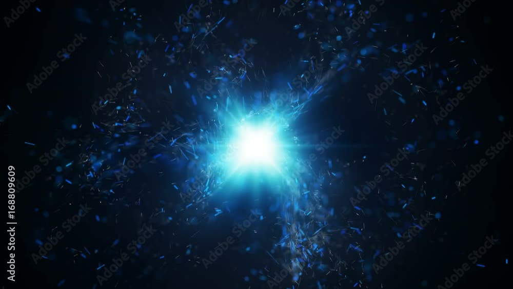 Poster blue particles bursts and flashlight. computer generated seamless loop abstract animation 4k (4096x2