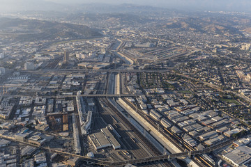 Aerial view of the Los Angeles River, Boyle Heights and the downtown Arts District in Southern...