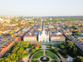 Aerial view of Jackson Square with Saint Louis Cathedral church and surrounding extant historical...