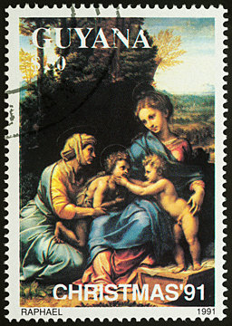 Painting "The Holy Family" by Raphael on postage stamp