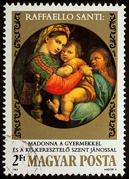 Painting "Madonna and Child with St. John" by Raphael on postage stamp