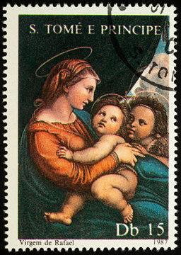 Painting Madonna with Child by Raphael on postage stamp