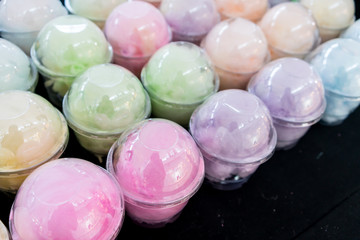 colorful cotton candy in plastic glass package