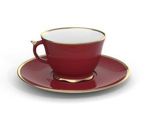 Isolated antique porcelain cup with gold on white background. 3D Illustration.