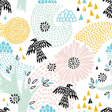 Fototapeta Seamless floral pattern with birds