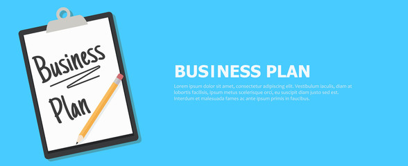 Business plan banner. Tablet with a text and a pencil