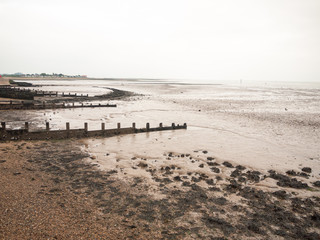 impressive overcast seaside beach scene groynes pebbles mudflats