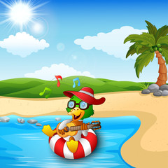 Obraz na płótnie Canvas Duck cartoon enjoy playing guitar and singing on beach