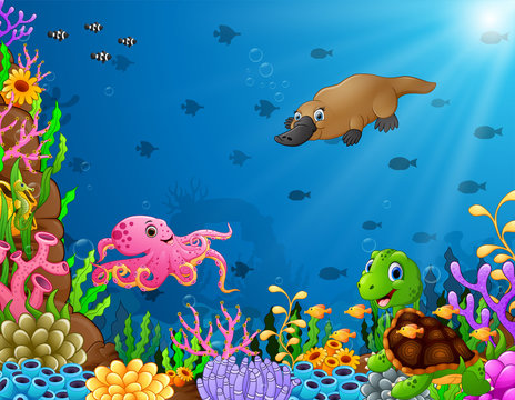 Cartoon tropical animal with beautiful underwater world