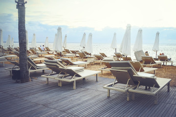 Stunning beautiful beach with relaxing scenery on a beach. Famous travel destination in Sanur, Bali, Indonesia.