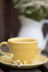 A yellow cup of chamomile tea with a pitcher of chamomile flowers in the background.