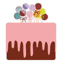  Birthday, valentine&#39;s day, wedding, engagement. Sweet cake, strawberry pink cream chocolate icing sprinkles, cake pops, pastel colors on white background. Vector